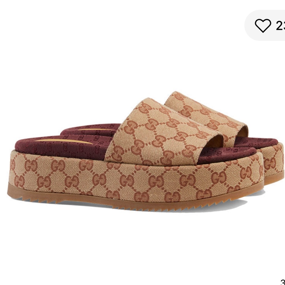 Gucci Beige and Brick Red GG Monogram Platform Slide Sandals
